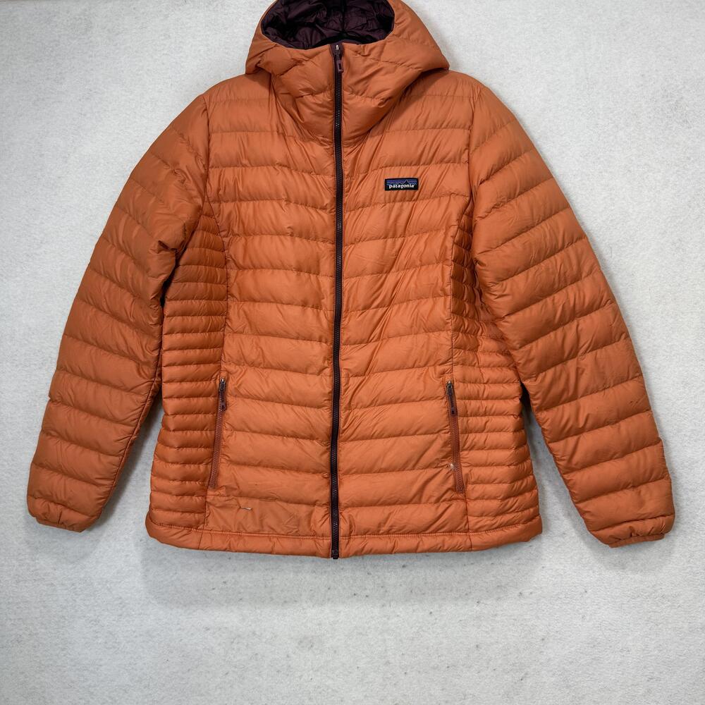 Patagonia Jacket Womens XL Orange Hooded Down Puffer Zip Pockets Lightweight